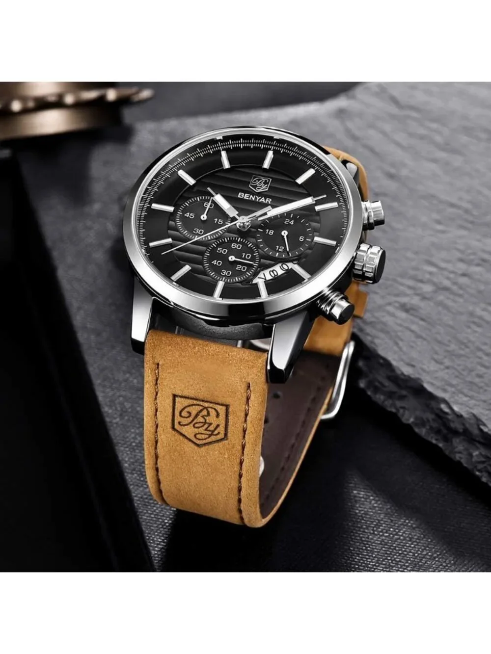 Men's Brown Black Analog Quartz Leather Strap Chronograph Waterproof Wrist Watch